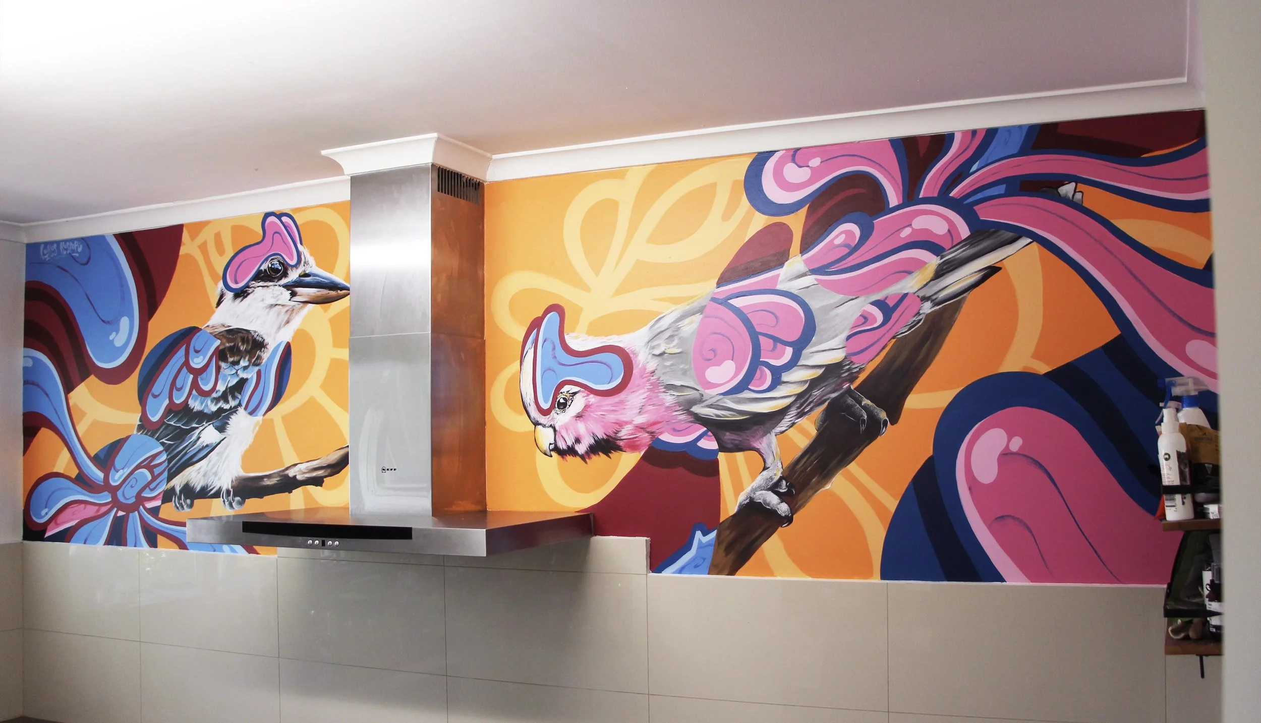 Kitchen Mural By Melbourne Mural Artist Lukas Kasper themed around the kookaburra and galah