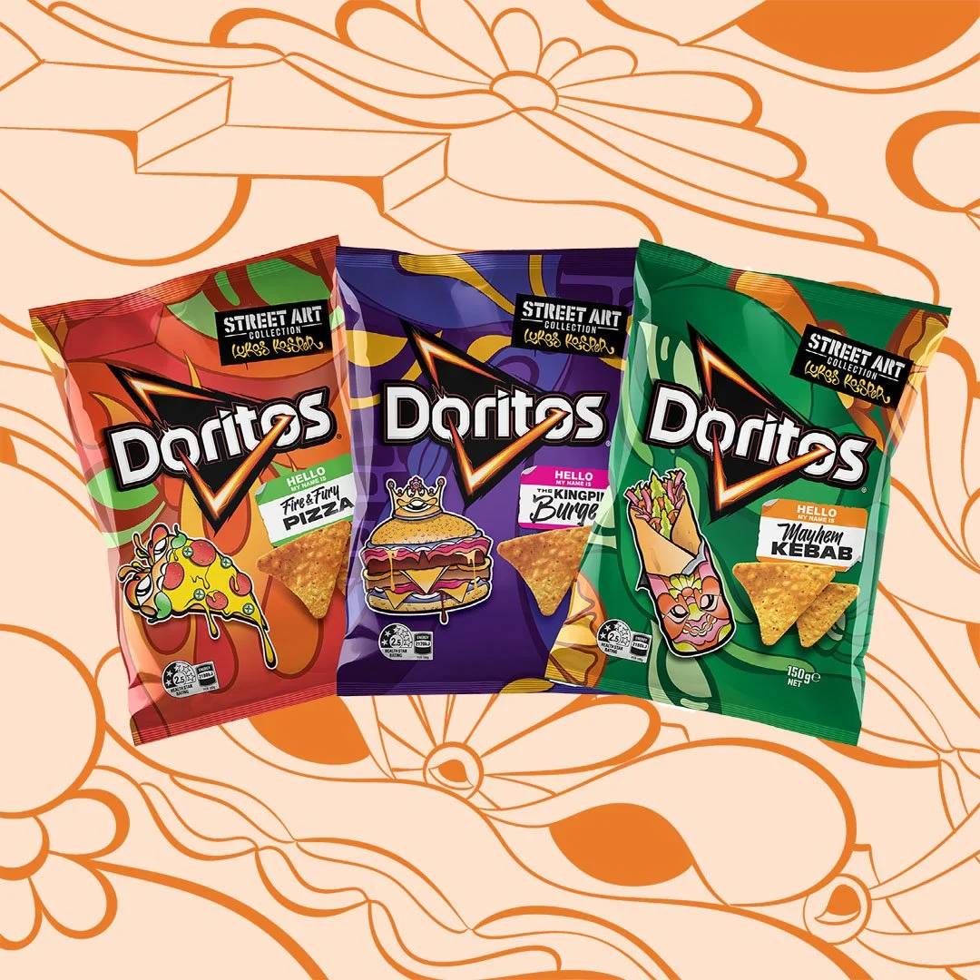 Melbourne Mural Artist Lukas Kasper did custom Doritos flavoured chip packets under the "Street Art Collection" the flavours: Fire & Fury Pizza, The King Burger & Mayhem Kebab