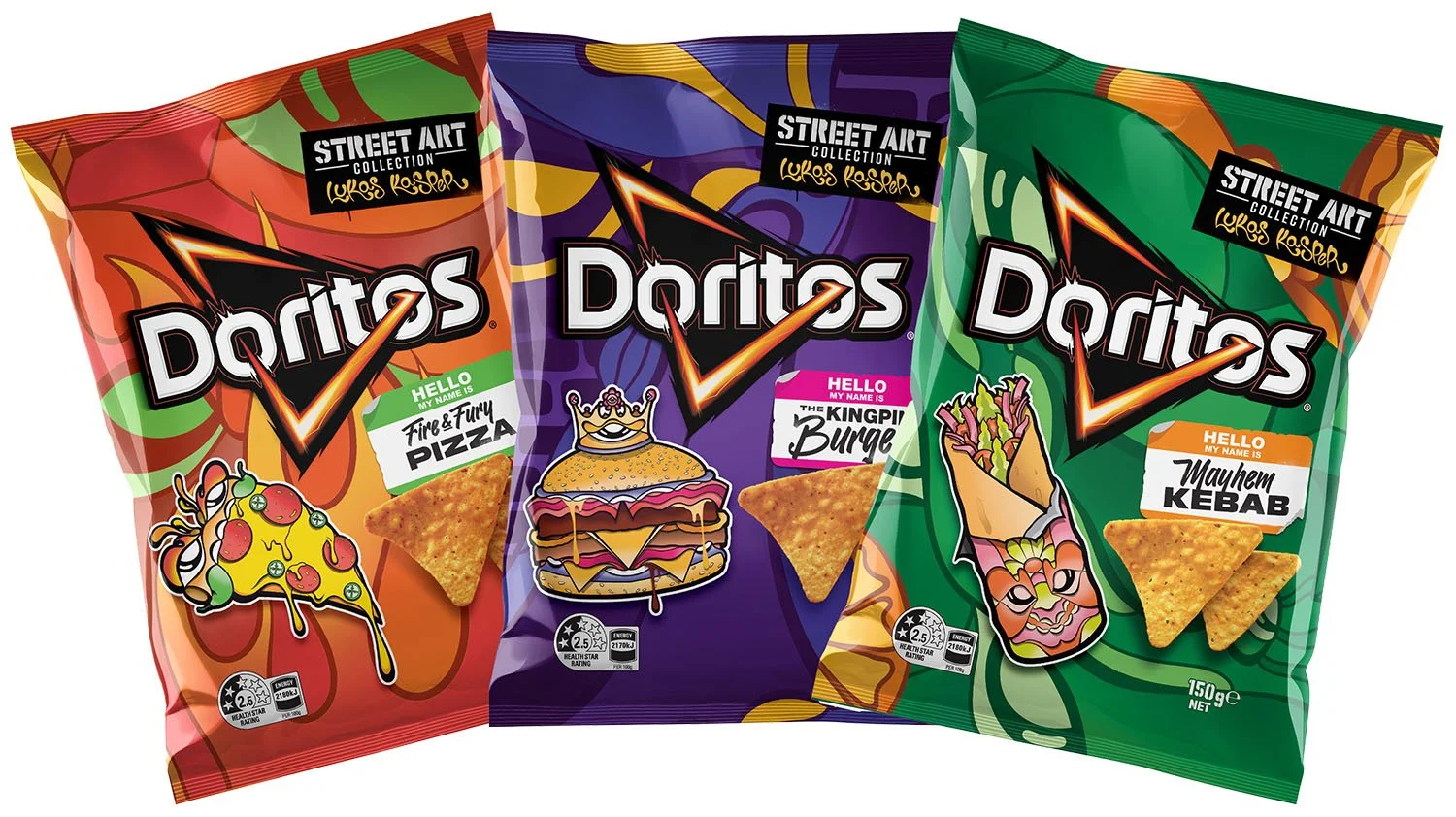 Three bags of Doritos chips with different flavors: Fire & Fury Pizza, The Kingpi Burge, and Mayhem Kebab, each decorated with cartoon-style illustrations matching the flavors.