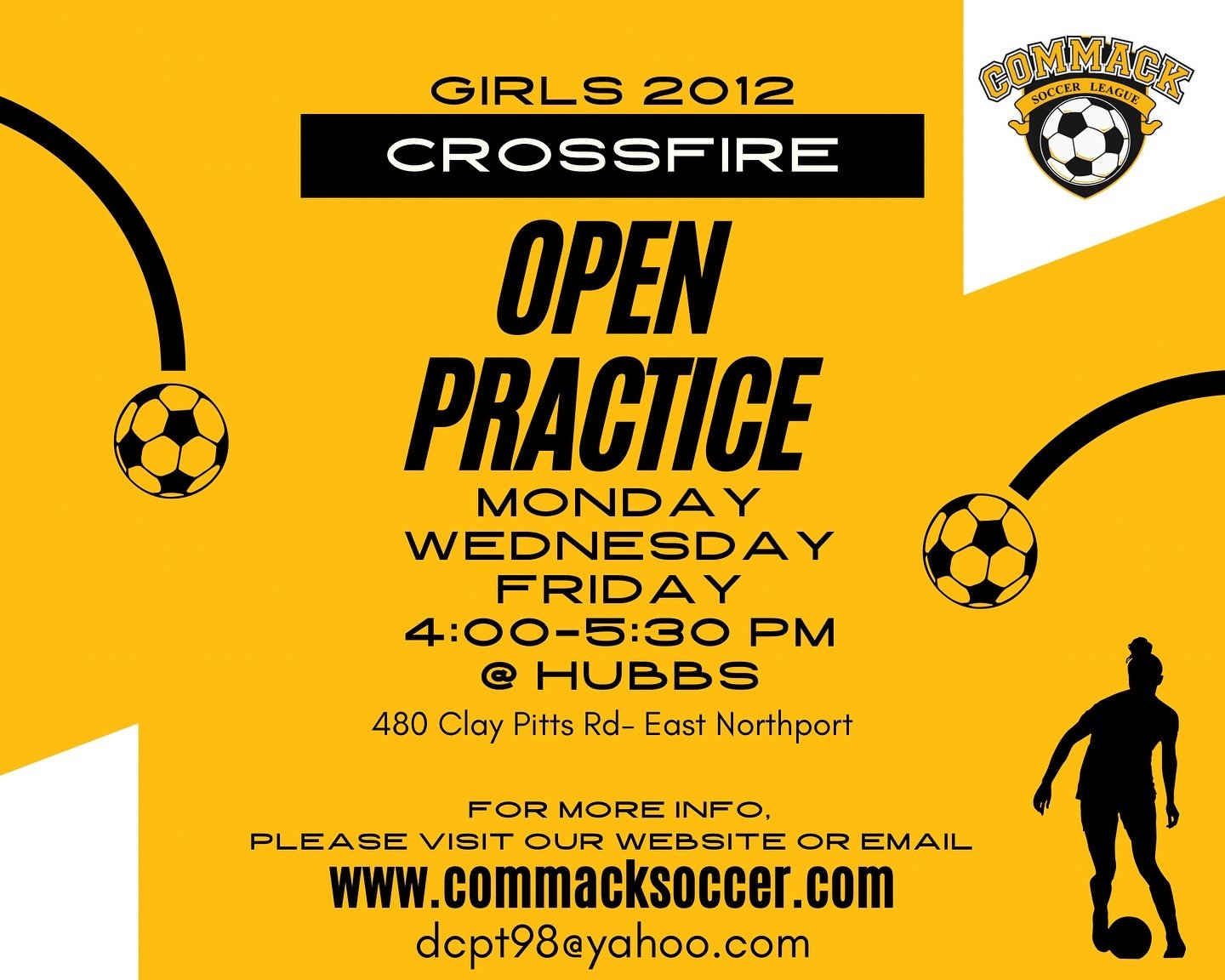 The G2012 Commack Crossfire will be holding open practices throughout the Spring Season on Mondays, Wednesdays, and Fridays. The practices will be held at Hubbs School and will run from 4:00-5:30 pm. If you are interested in attending, please contact