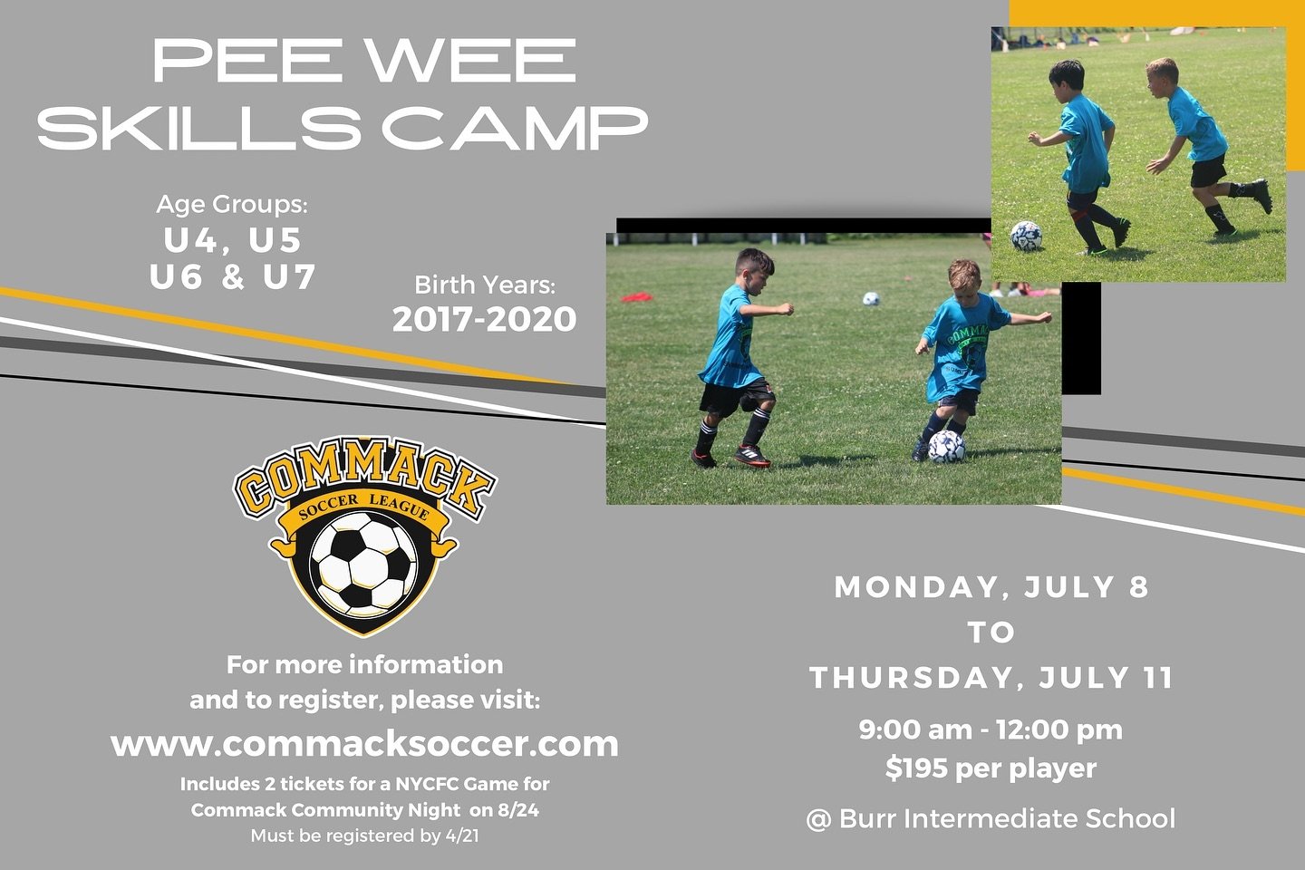 Calling all U4-U7 players! Today is the last day to register for our pee wee summer skills camp and receive 2 free NYCFC tickets. Don&rsquo;t miss out! Camp registration will stay open, however the ticket offer expires today. Registration link in bio