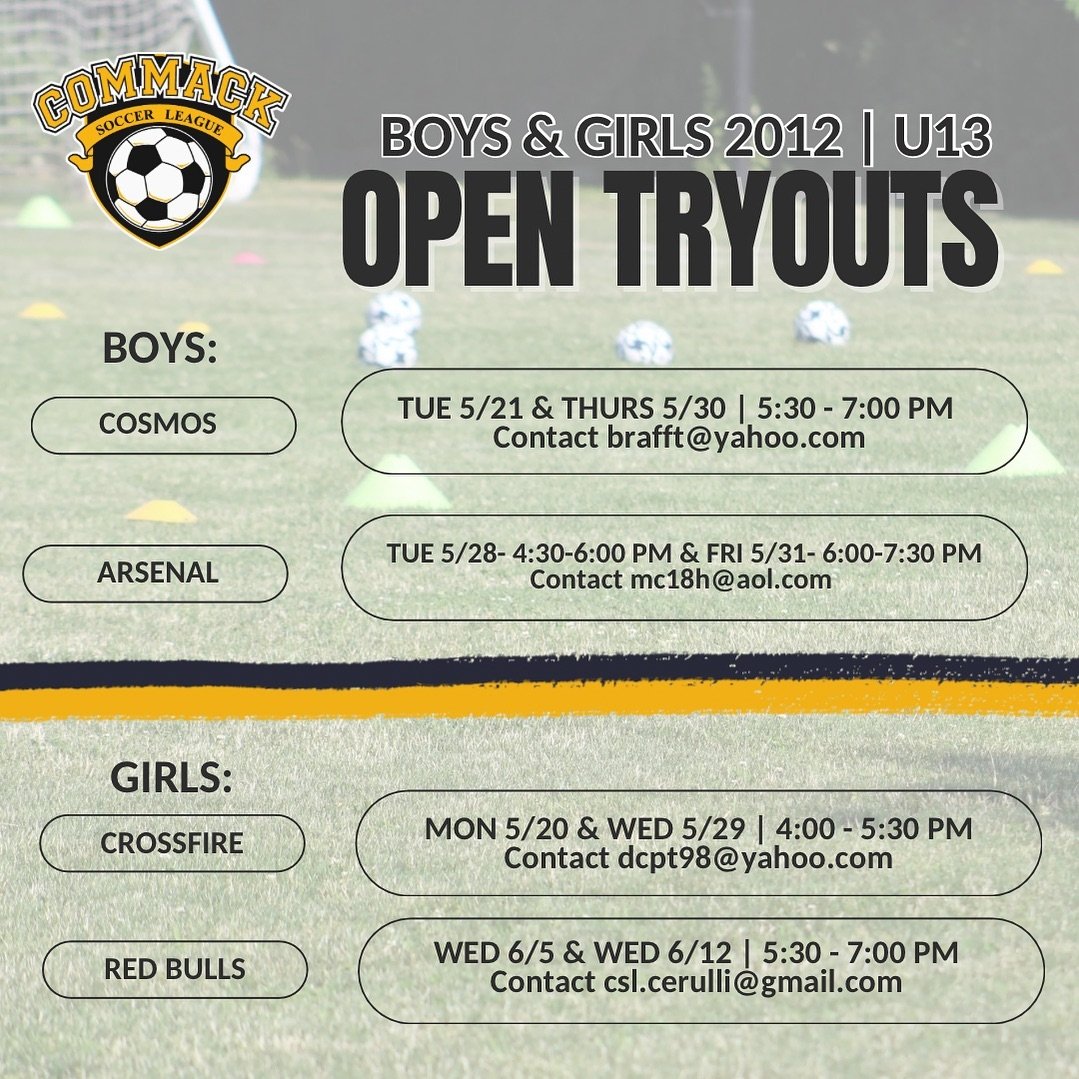 We will be holding open tryouts for our 2012 boys and girls teams! If you are interested in trying out for any of these teams, please email the parent admin for more information ⚽️ #CommackSoccer #CommackSoccerLeague