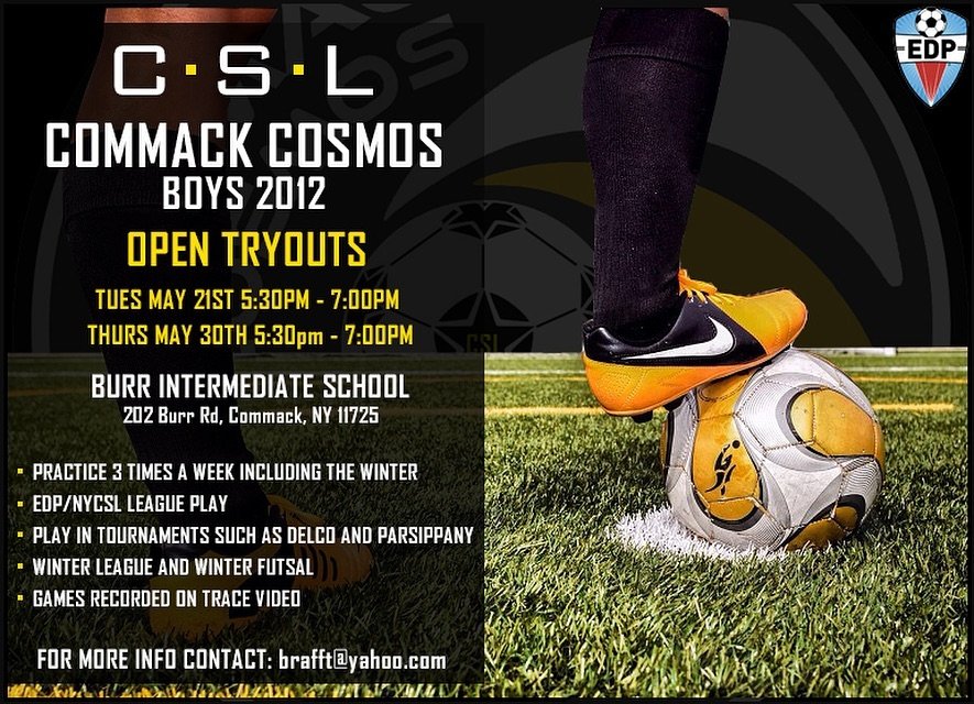 The Boys 2012 Commack Cosmos will be holding open tryouts on May 21 &amp; 30! If you are interested in trying out, please email brafft@yahoo.com ⚽️ #CommackSoccer #CommackSoccerLeague
