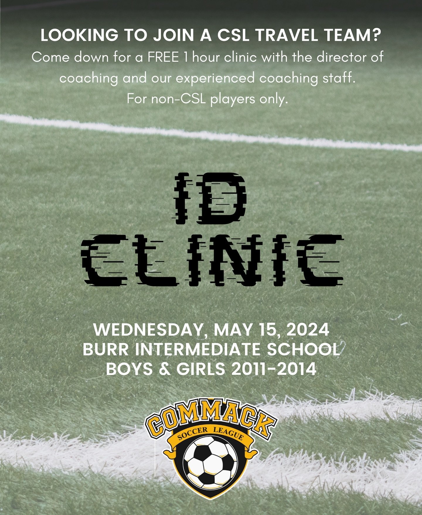 Don&rsquo;t miss out on our free Travel Player ID Clinic TOMORROW, Wednesday, May 15! This clinic is open to non-CSL players only. For more information and to register, click the link in our bio! 🔗⚽️ #CommackSoccer #CommackSoccerLeague