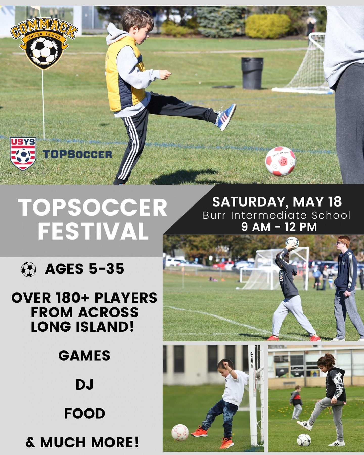 Join us tomorrow, May 18 for our annual TOPSoccer festival! The festival will be held from 9-12 at Burr and will feature players of all ages from all across the island. It will be a fun day and we hope to see you there! ⚽️ #CommackSoccer #CommackSocc