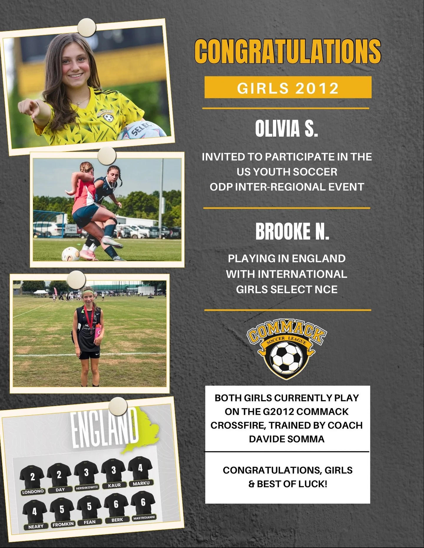 Congratulations, Olivia &amp; Brooke! Olivia was selected to participate in the US Youth Soccer OPD Inter-Regional Event in Orlando, and Brooke is currently playing with International Girls Select in England. What an amazing accomplishment for both g