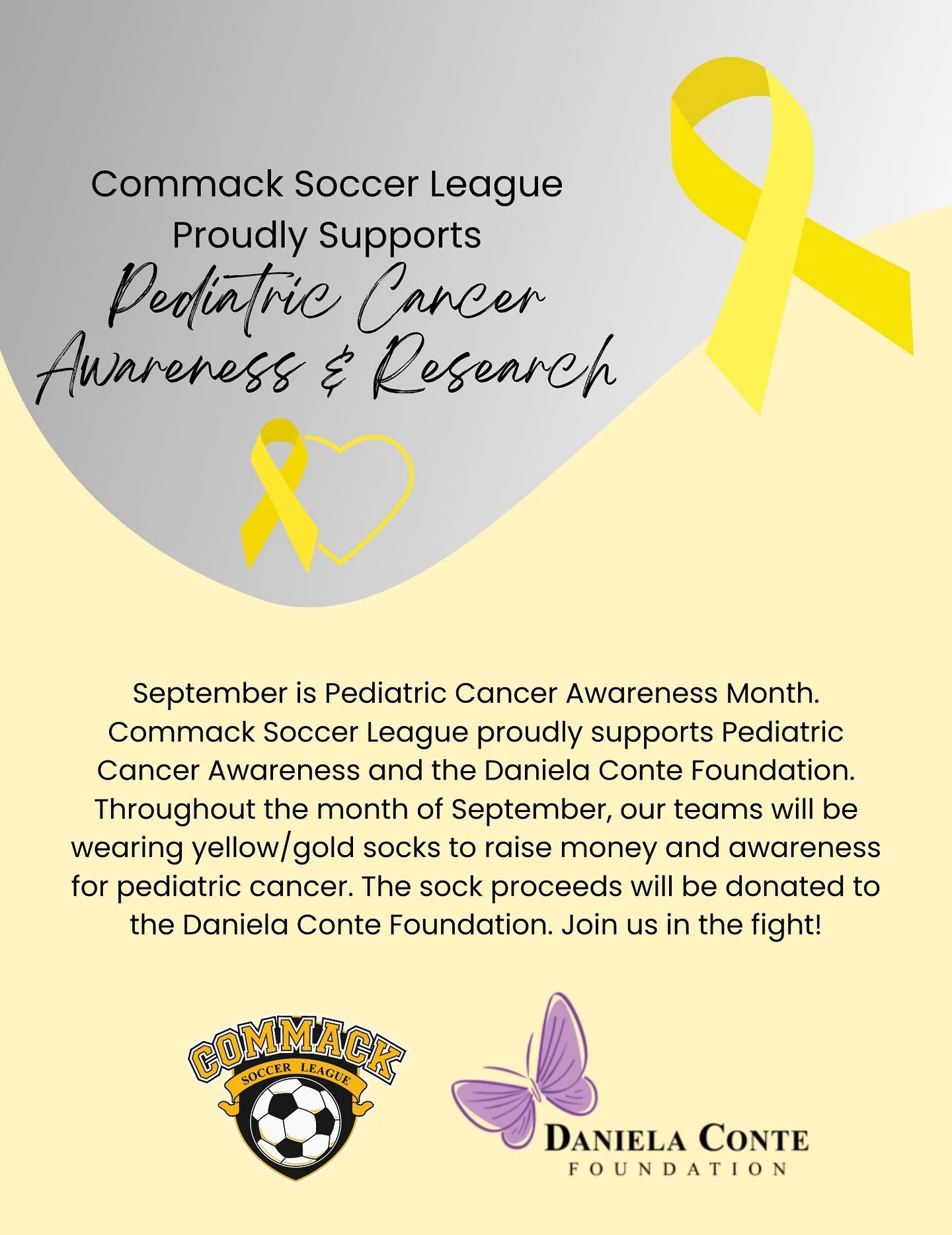 Go gold for pediatric cancer! We will be selling yellow/gold socks at the concession stand @ Burr all weekend long to raise funds and awareness for pediatric cancer. The proceeds will be donated to the @danielacontefdn 💛 Join us in the fight! 🎗️⚽️