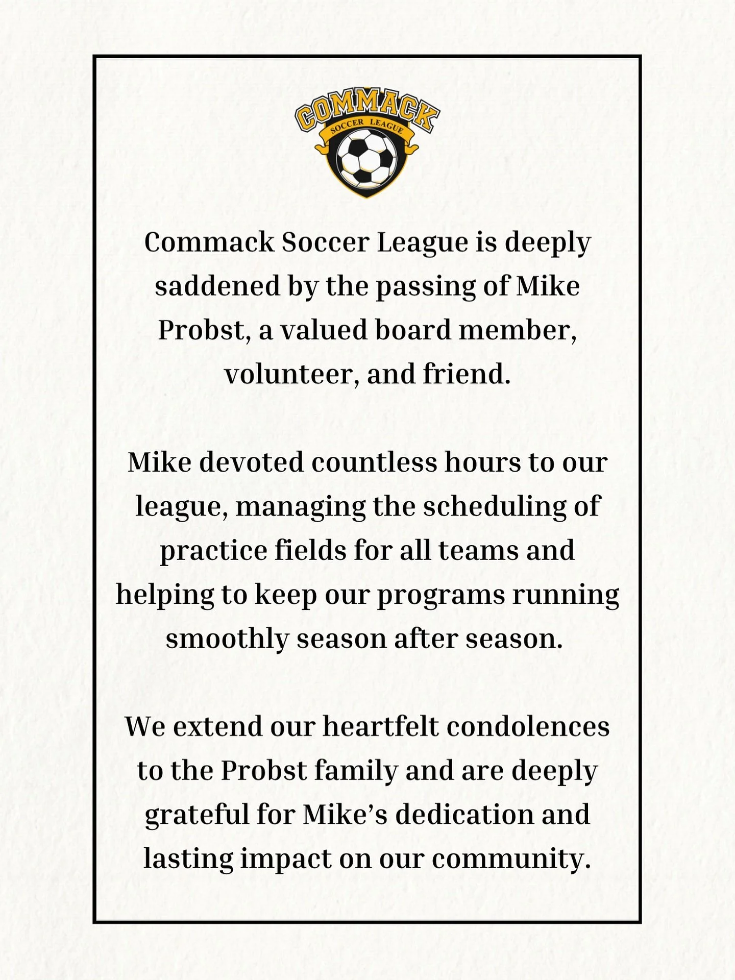 Commack Soccer League extends our heartfelt condolences to the Probst family ❤️