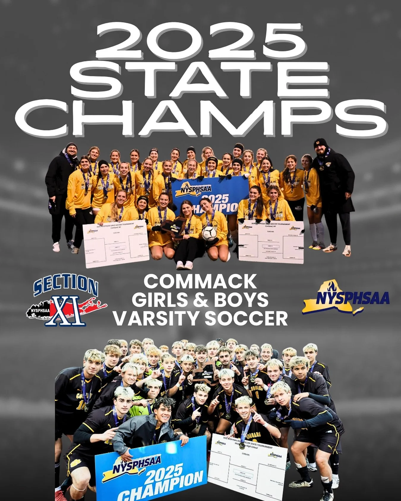Making history! 👏🏼⚽️
Huge congratulations to the Commack High School Girls &amp; Boys Varsity Soccer Teams! Both teams were crowned NYSPHSAA State Champions today in Upstate NY.

This marks the girls&rsquo; first-ever state title and the boys&rsquo