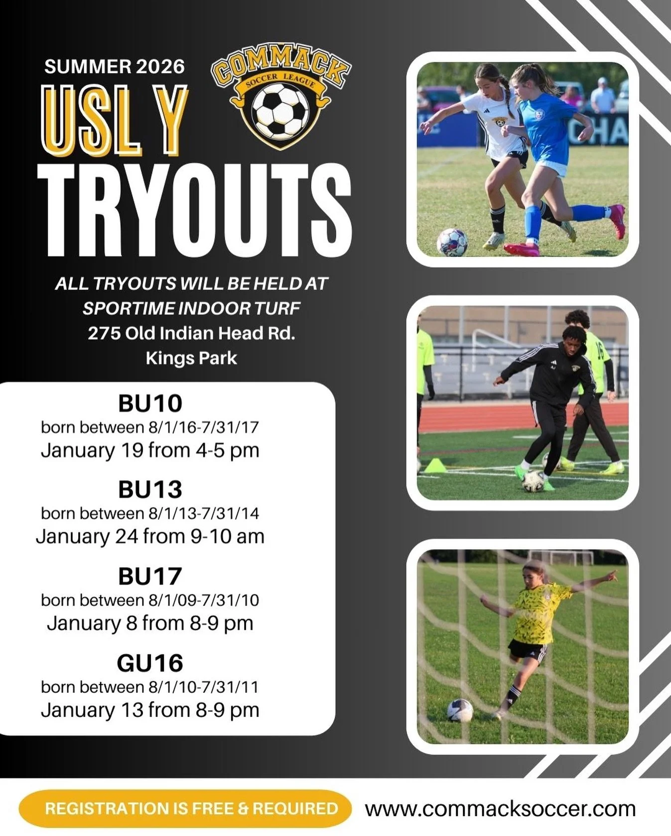 This month we will be holding tryouts for our BU10, BU13, BU17 and GU16 USL-Y summer league teams! If you are interested in trying out, please register on our website. Registration is free and required- link in bio ⚽️ #CommackSoccer #CommackSoccerLea