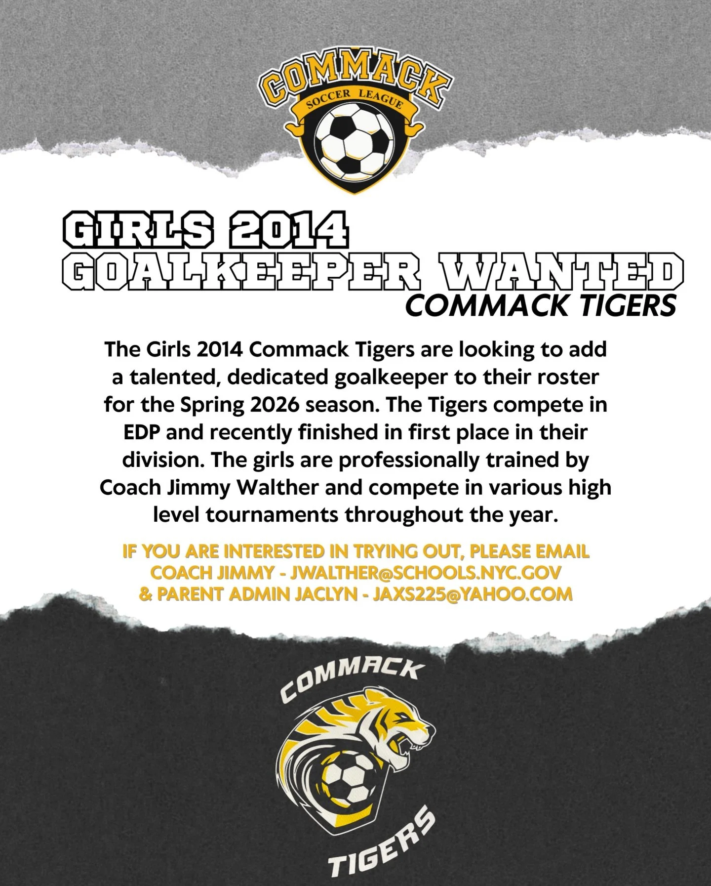 The G14 Commack Tigers are looking to add a goalkeeper to their roster for the Spring 2026 season! Send us an email if you are interested 📧⚽️ #CommackSoccer #CommackSoccerLeague