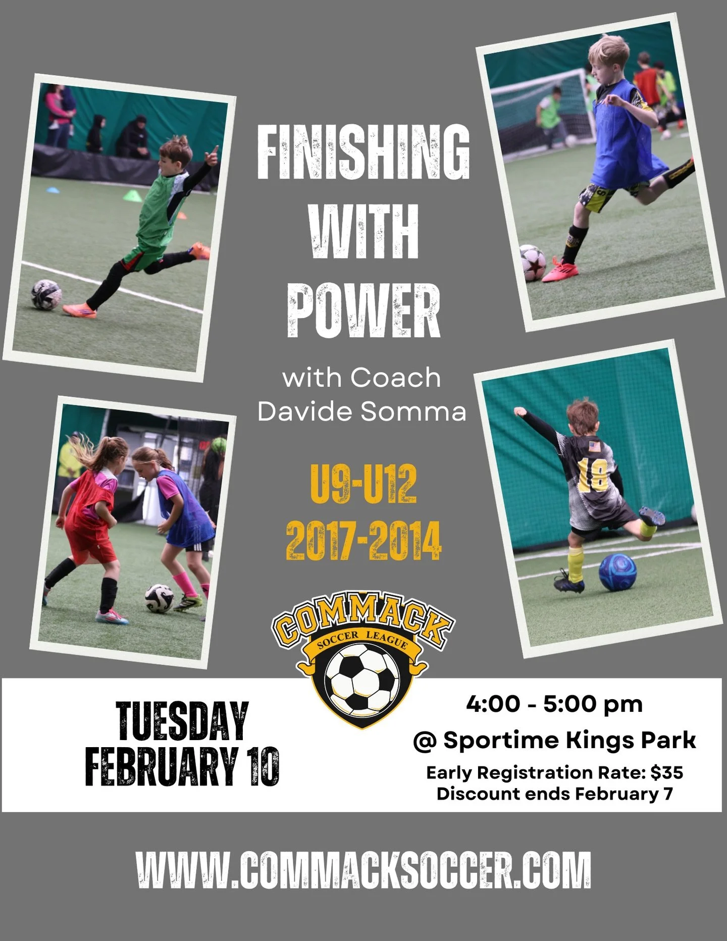 Join us next week for Coach Davide&rsquo;s Finishing with Power clinic! Then, join us the following week for Street Soccer! Both will be held at Sportime KP. For more information and to register, please visit our website ⚽️ #CommackSoccer #CommackSoc