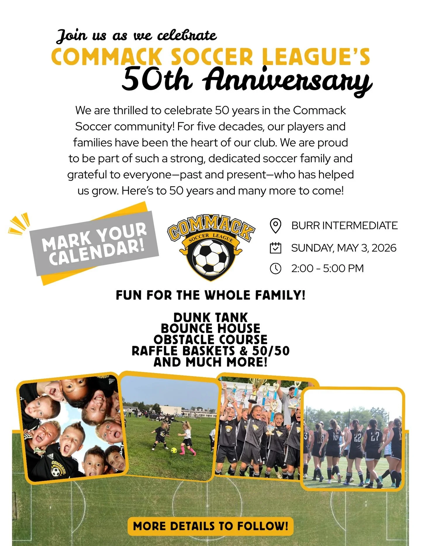 Mark your calendar ‼️ Join us on Sunday, May 3, as we celebrate our 50th anniversary! For five decades, our players and families have been the heart of our club, and we can&rsquo;t wait to celebrate with you. Stay tuned to our website and social medi