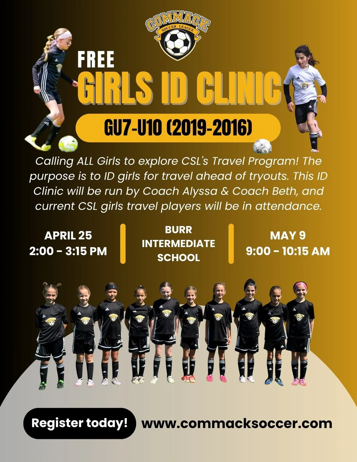 Calling ALL Girls to explore CSL&rsquo;s Travel Program! The purpose of this clinic is to ID girls for travel ahead of tryouts. This ID Clinic will be run by Coach Alyssa &amp; Coach Beth, and current CSL girls travel players will be in attendance. R