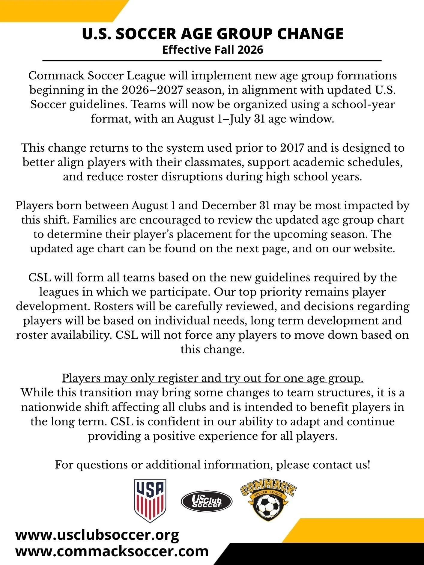 Please read this important letter regarding the age group change. If you have further questions, please speak with your team trainer or contact us ⚽️ #CommackSoccer #CommackSoccerLeague