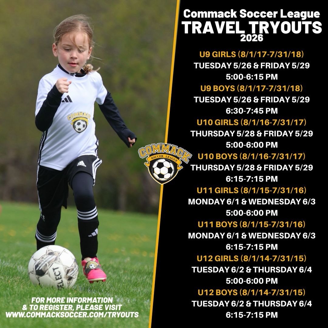 U9-U12 pool tryout registration is now open! Just a reminder, these tryouts are for the Fall 2026/Spring 2027 seasons. Registration is free &amp; required. For more information, please visit our website ⚽️ #CommackSoccer #CommackSoccerLeague
