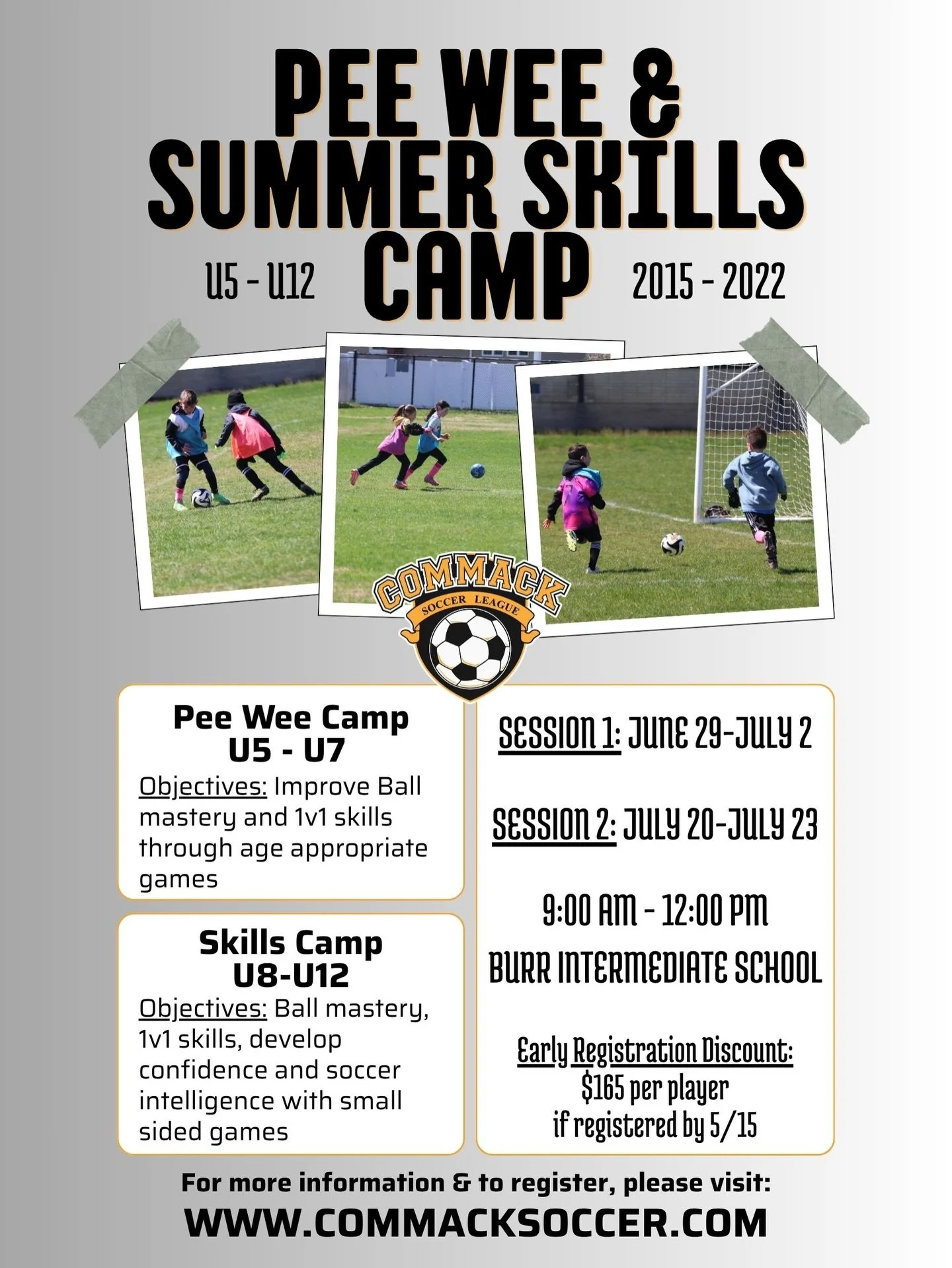 Summer Camp registration is now open! Register by 5/15 for an early registration discount. Don&rsquo;t miss out, register today! For more information &amp; to register, please visit our website ⚽️ #CommackSoccer #CommackSoccerLeague