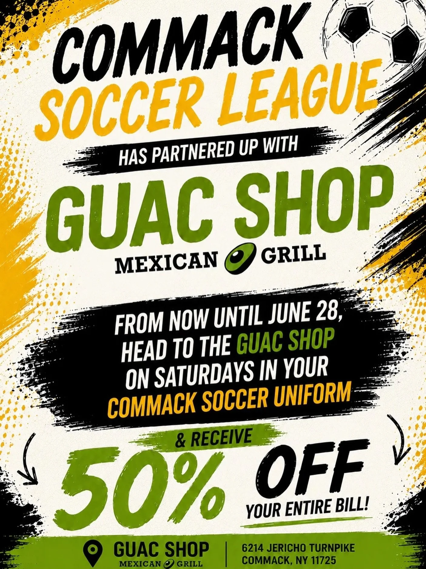 From now until June 28, wear your Commack Soccer jersey to @guacshop on Saturdays and receive 50% off your bill! Dont miss out on this exciting offer. The Guac Shop has delicious food and we love supporting local businesses in our Commack community! 