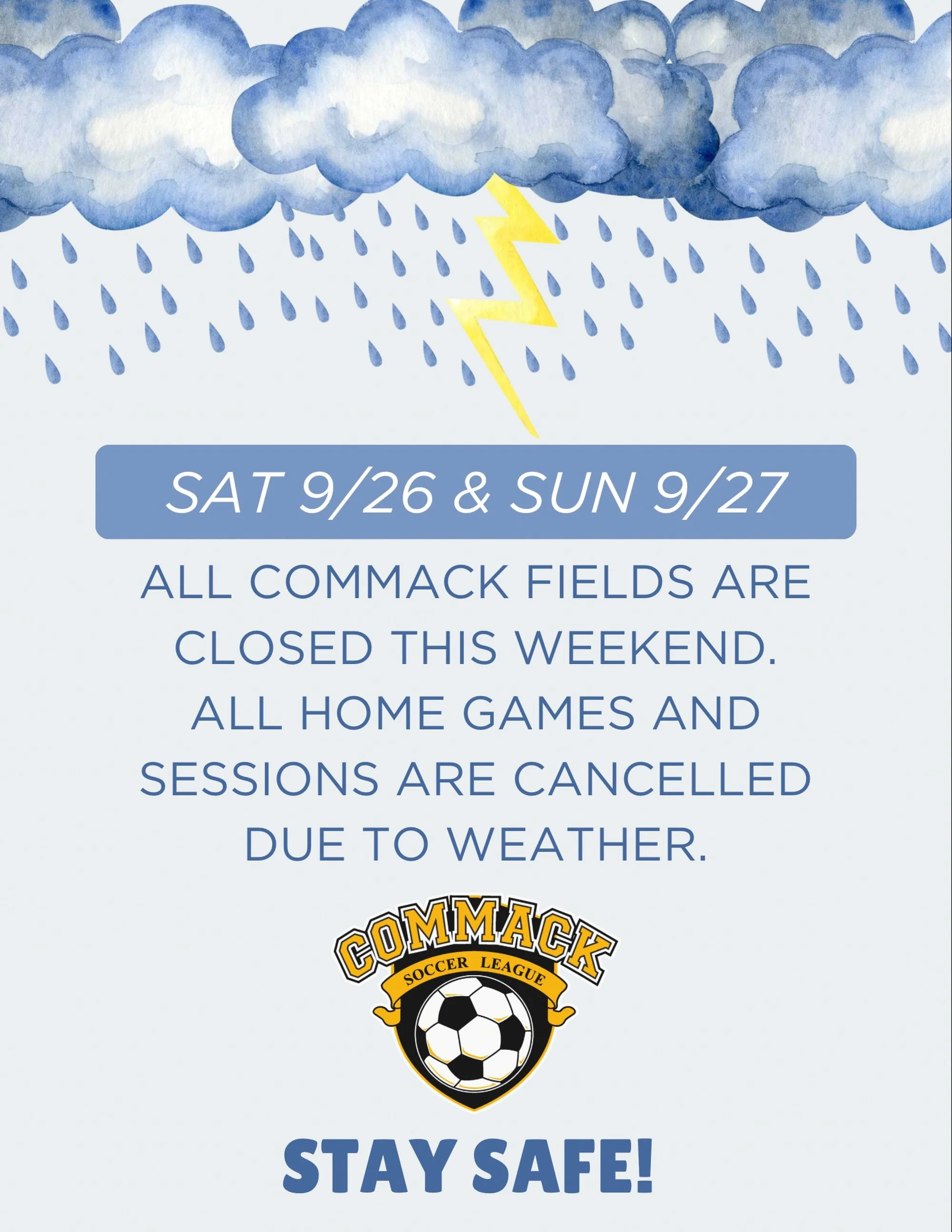 All Commack fields will be CLOSED this weekend due to weather. All home games, including travel and intramural, are cancelled. Stay dry and stay safe! 🌧️☔️