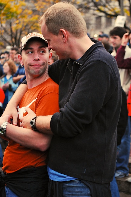  Boston, Mass. - Nov. 15, 2008: A couple embraces at Government center, at the conclusion of a rally protesting the recent passing of Proposition 8 which banned gay marriage in the state of California. 