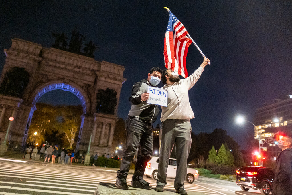  Nov. 7, 2020 - Brooklyn, NY:  New Yorkers celebrate Joe Biden's Presidential campaign victory, after several days of delayed election results due to the COVID-19 pandemic. 