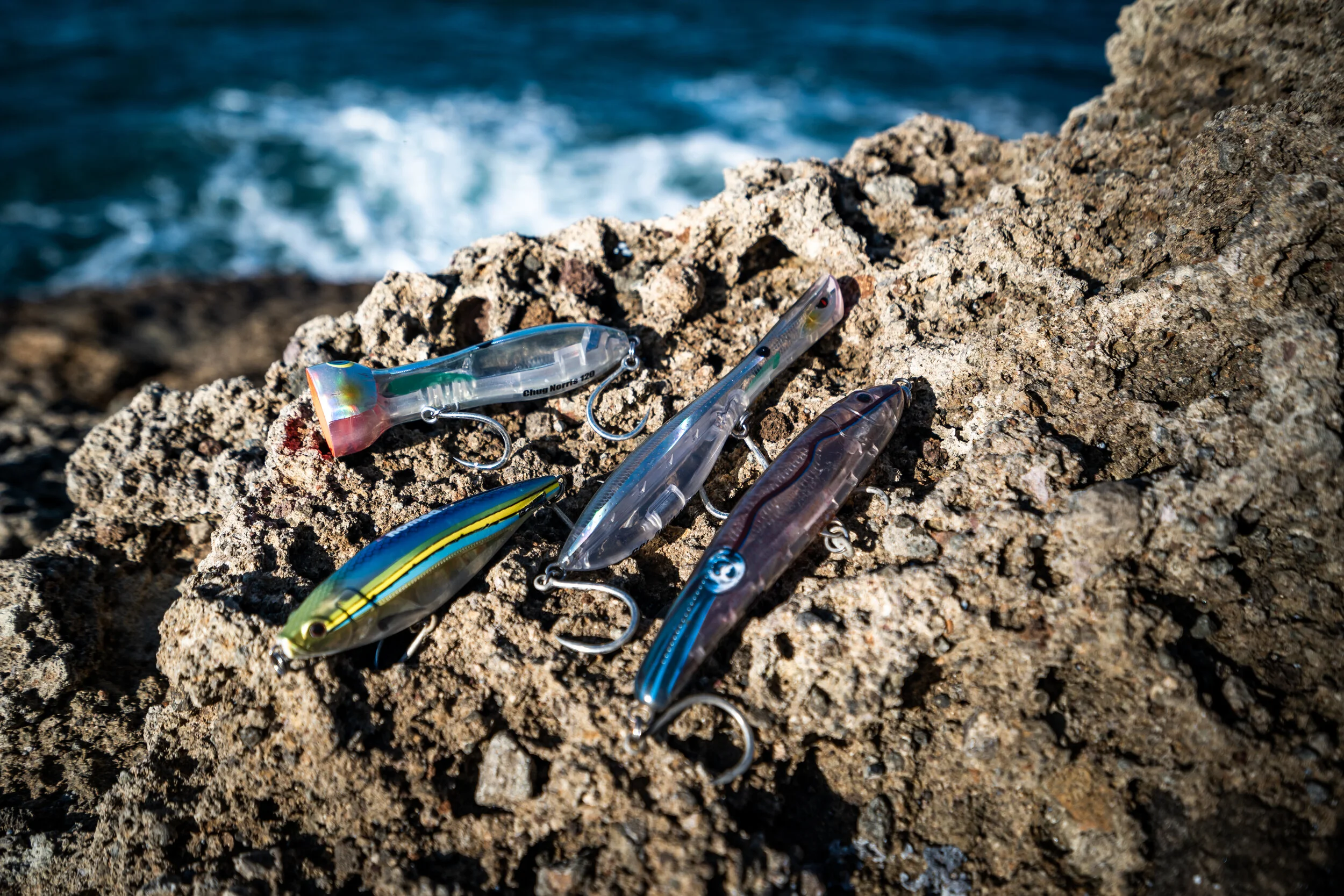 A few good choices for starting on New Zealand coastlines. Colours: Holo Ghost Shad Chug Norris 120mm, Squid Riptide 155mm, Fusilier Madscad 115mm, Holo Ghost Shad Dartwing 165mm.