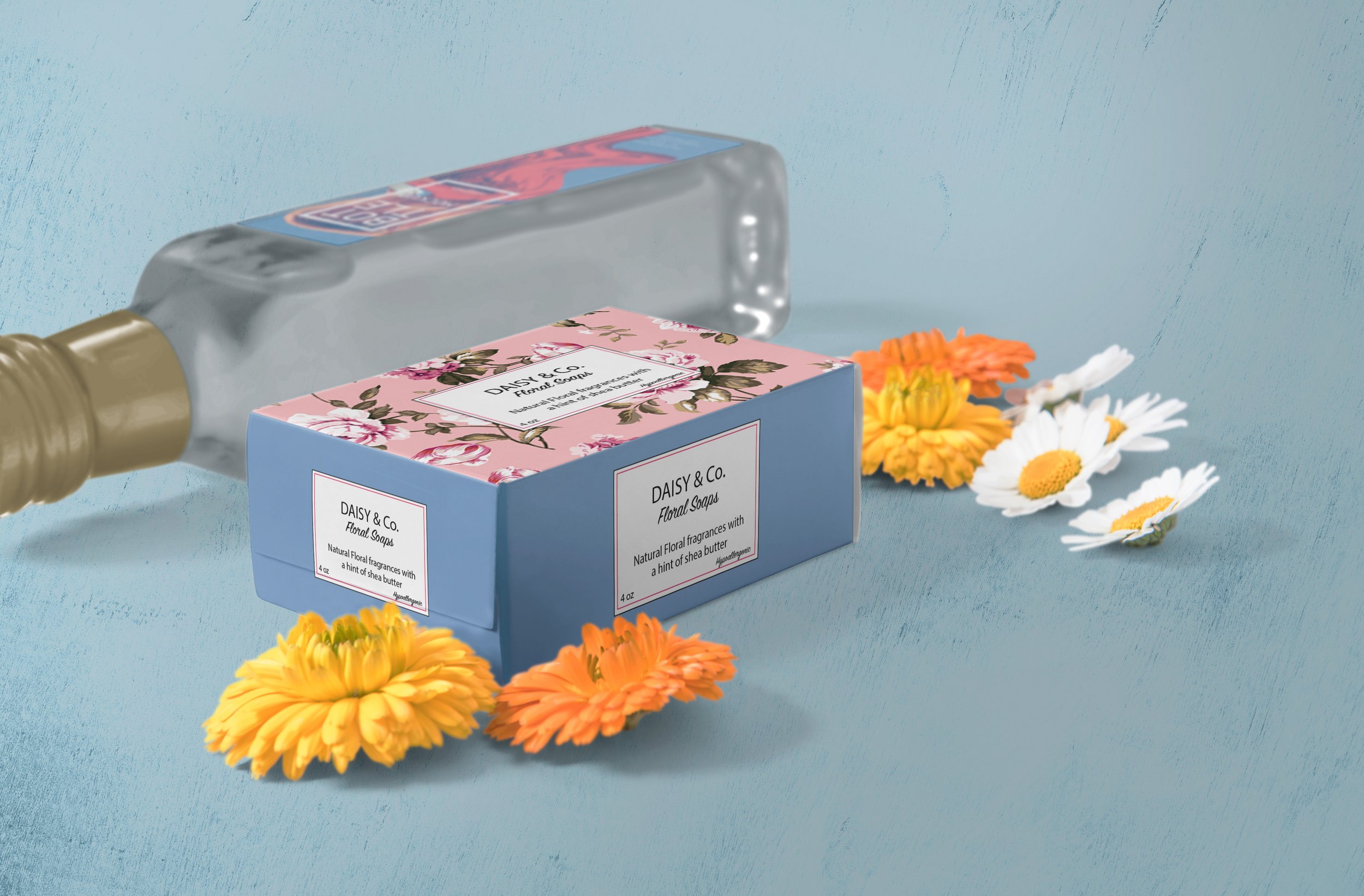  Using the floral soap as the center theme for the package design, choosing a floral pattern, and a script typeface, to accentuate the feminine product. 