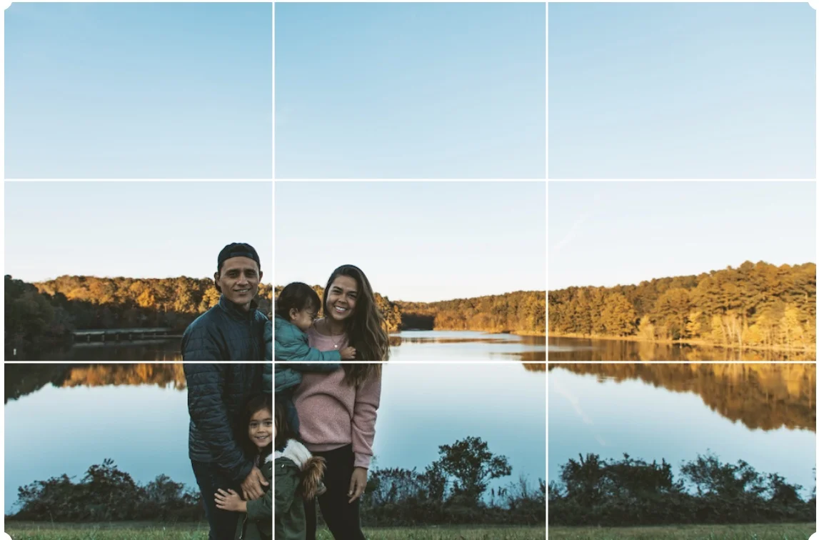 In this photo, the horizontal line on the bottom of the grass is straight, as well as the horizon line. Our family is the subject and we are placed where 1 horizontal and 1 vertical line intersect. There were people walking by on the path we were standing on, so we waited to ensure that there were no distractions and we were the only people in the photo.