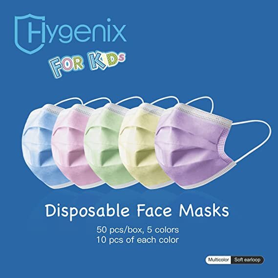 Hygenix For Kids, Multi Color Blue Pink Lime Purple Yellow 5 Colors, 3Ply Disposable Face Masks