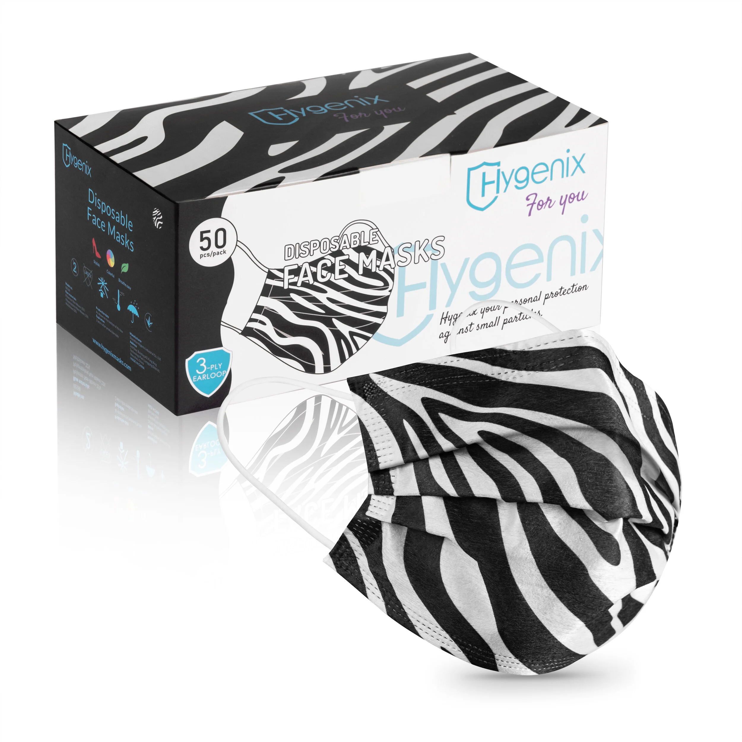 Hygenix for You Zebra 3ply Disposable Face Masks PFE 99 (Pack of 50 Pcs). Comfy & Stylish