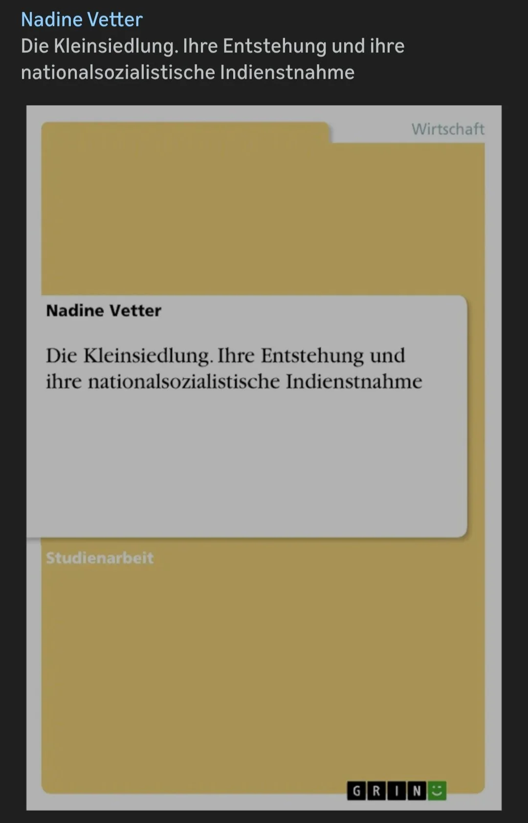 Nadine Vetter Die Kleinsiedlung und ihre nationalsozialistischen Indienstnahme 