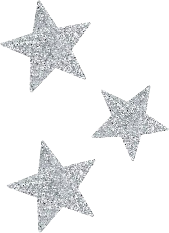 Three glittery silver stars on a white background.