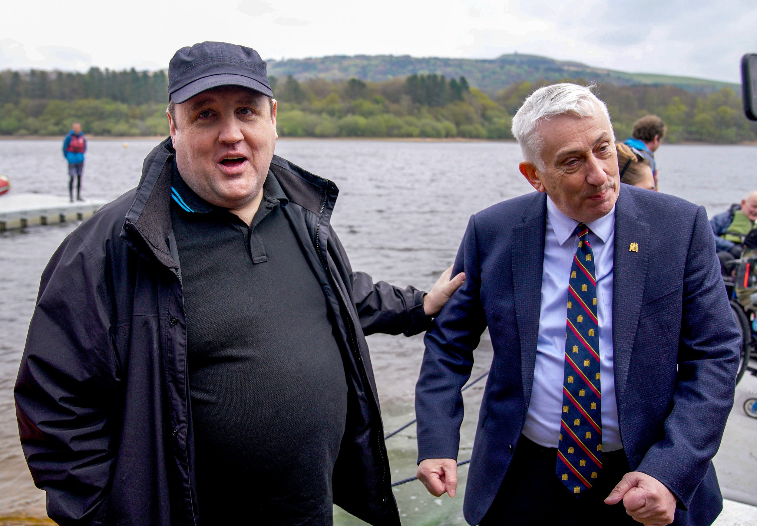 Peter Kay and Sir Lindsay Hoyle at the Coulam V17 Wheelyboat launch at The Anderton Centre, Lancs (1). Credit Peter Byrne_PA.jpg