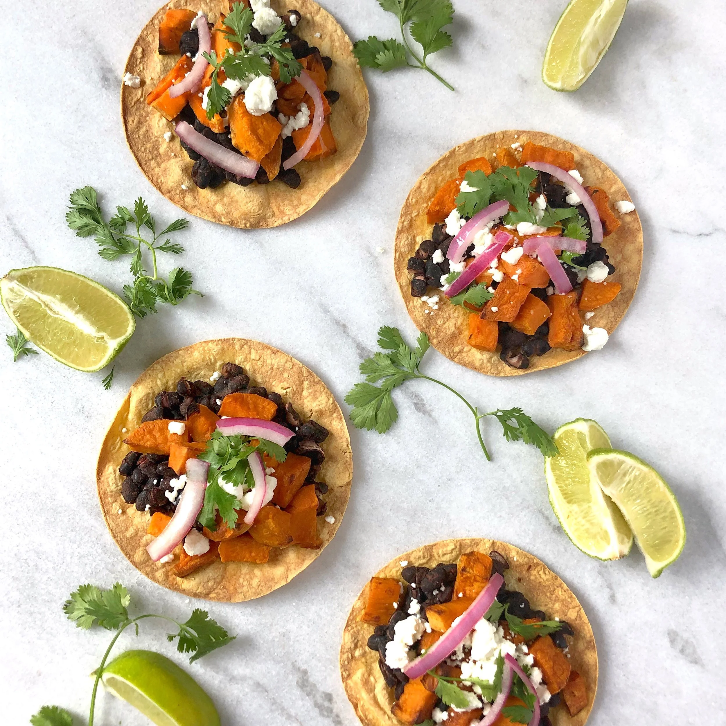 Black Bean and Sweet Potato Tostadas with Simple Pickled Onions