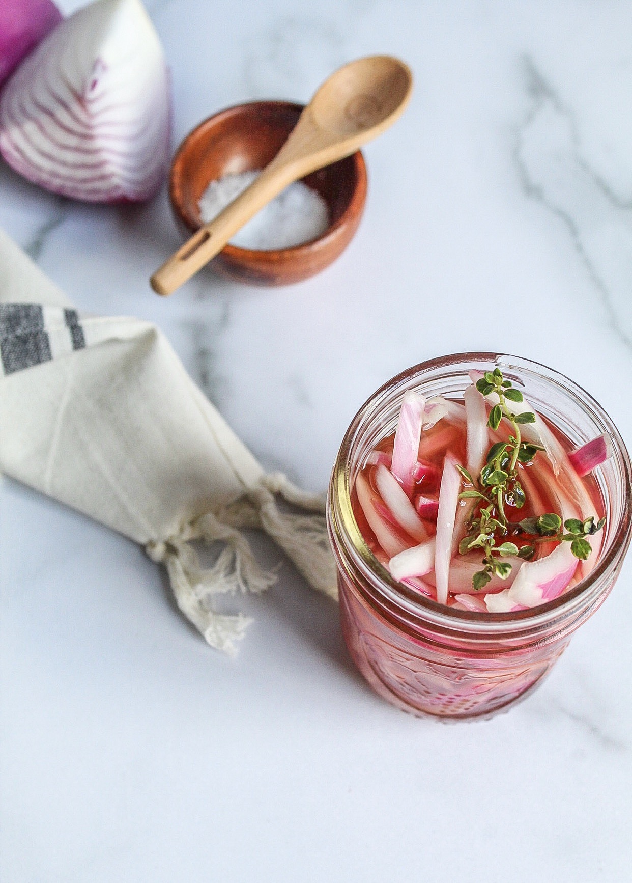 Pink pickled onions with fresh thyme