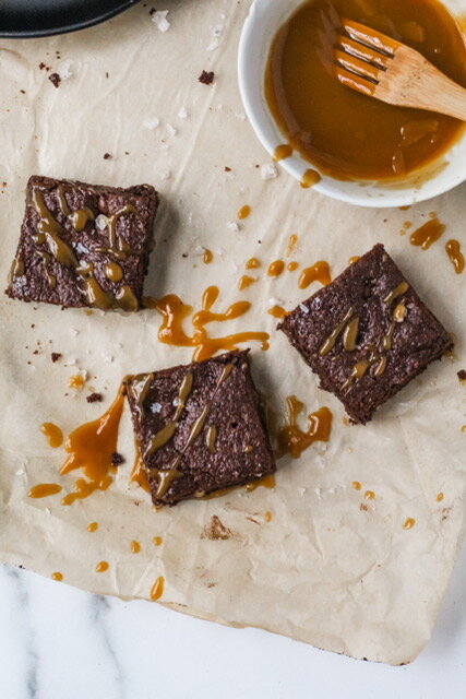 Simple Mills chocolate brownies topped with pumpkin caramel sauce