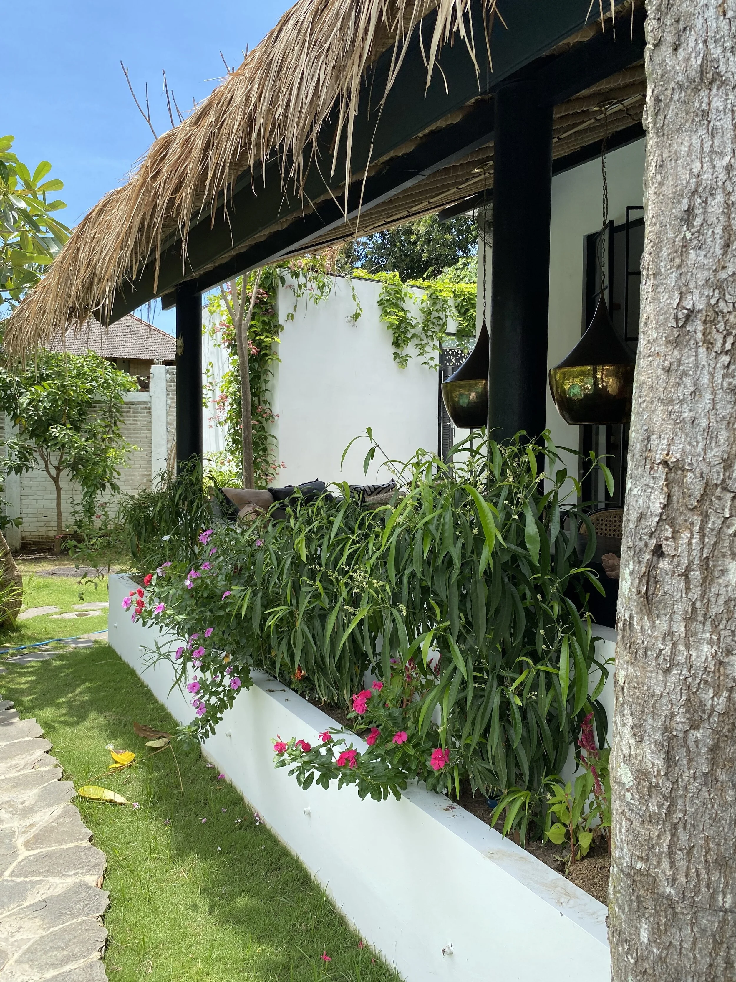 The colorful garden grows everything from passion fruit and bananas to papaya and mango to herbs and coconut trees.