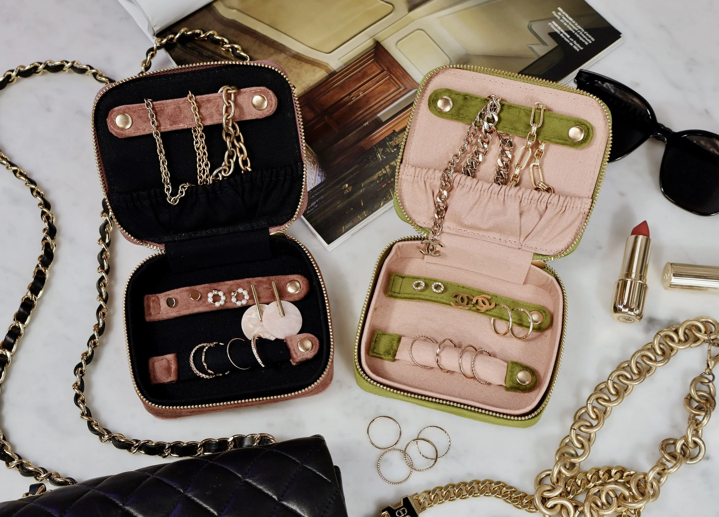 Jewelry travel case with necklaces, earrings, and rings neatly organized
