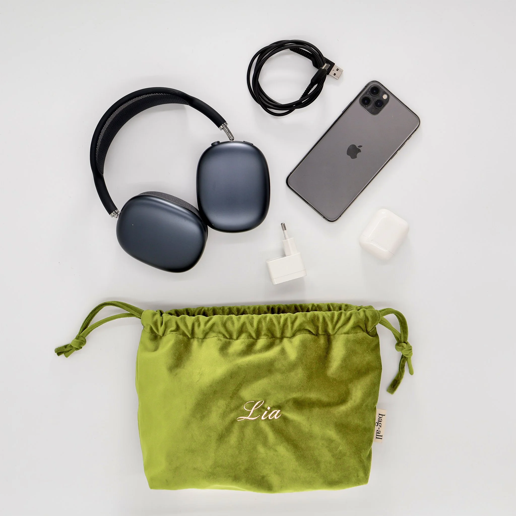Bag-all Drawstring Cute Headphone/Tech Pouch, Green Velvet