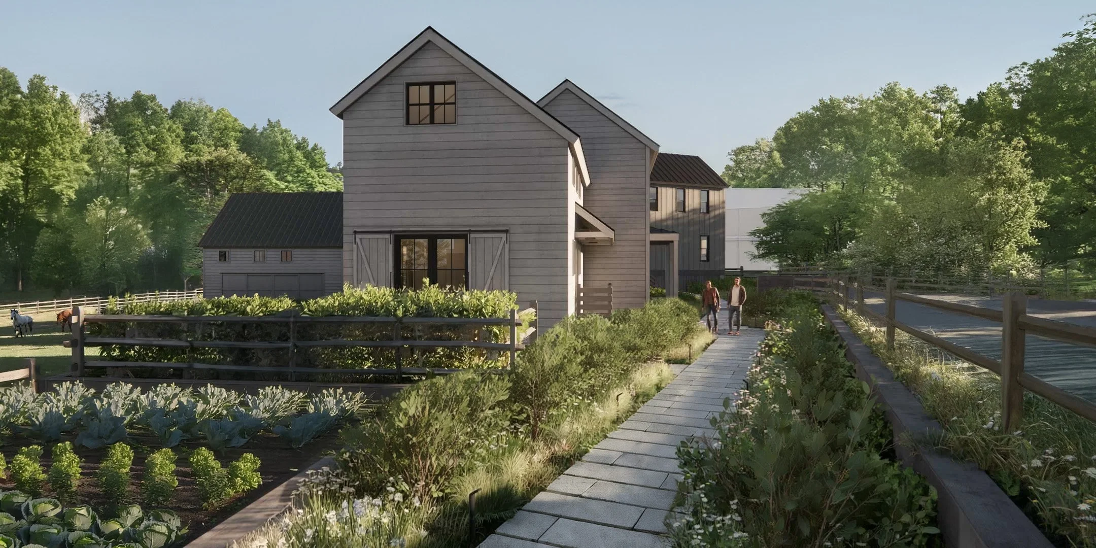 Modern farmhouse exterior featuring weathered gray cedar siding and standing seam metal roofs