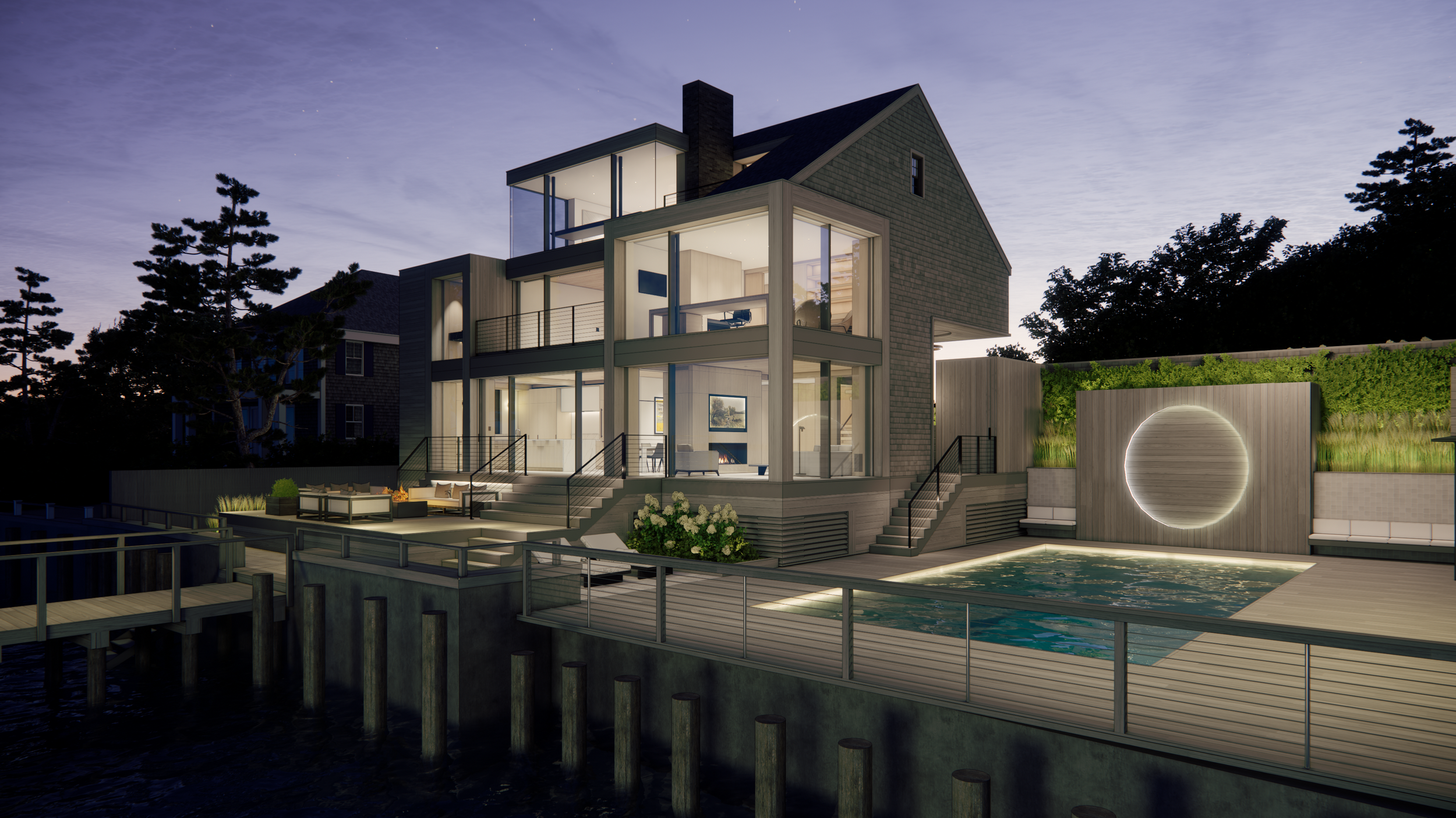 Luxury waterfront house exterior.