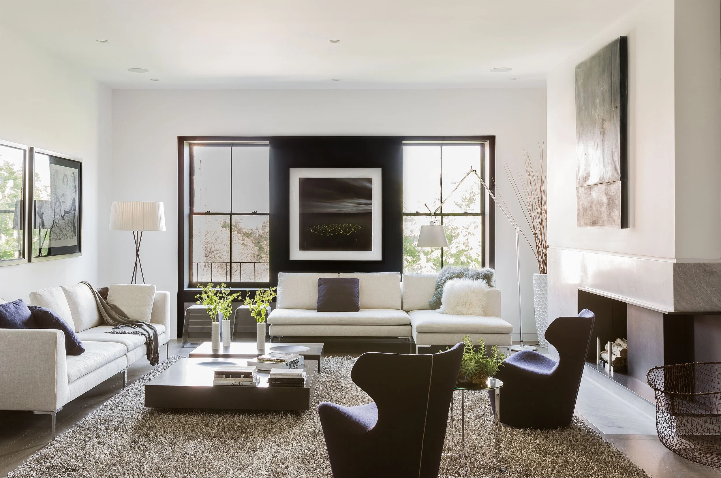 Contemporary living room furniture in a renovated townhouse