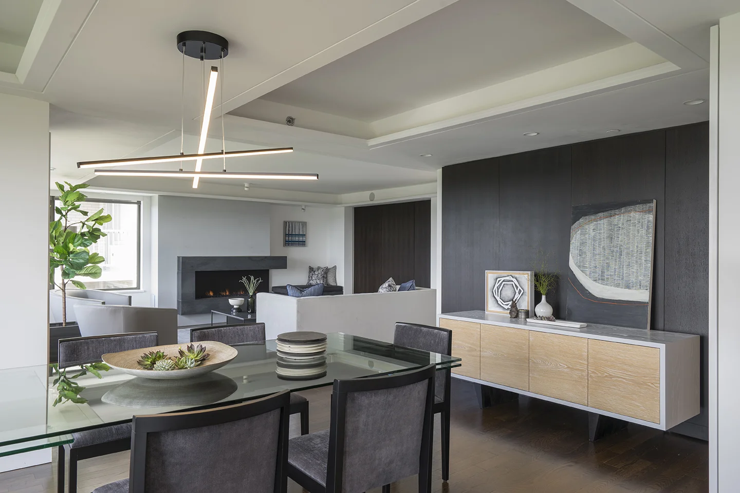 Living areas in a contemporary penthouse in Downtown Boston