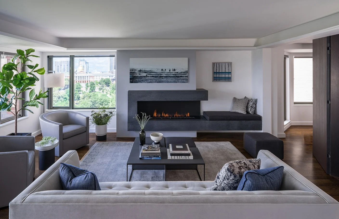 fireplace view in a renovated Penthouse in Boston