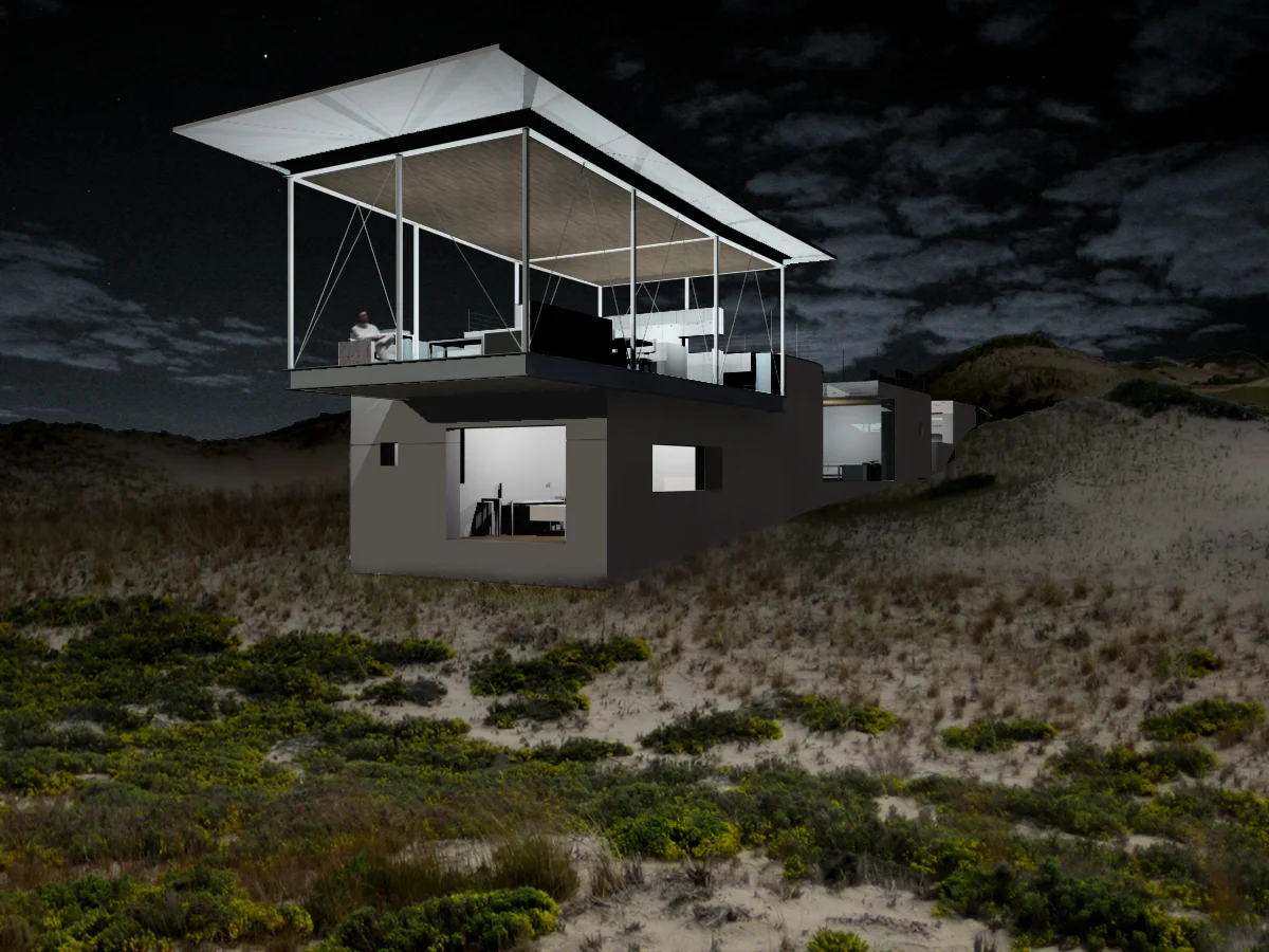 Truro Dune House and surrounding landscape at night.