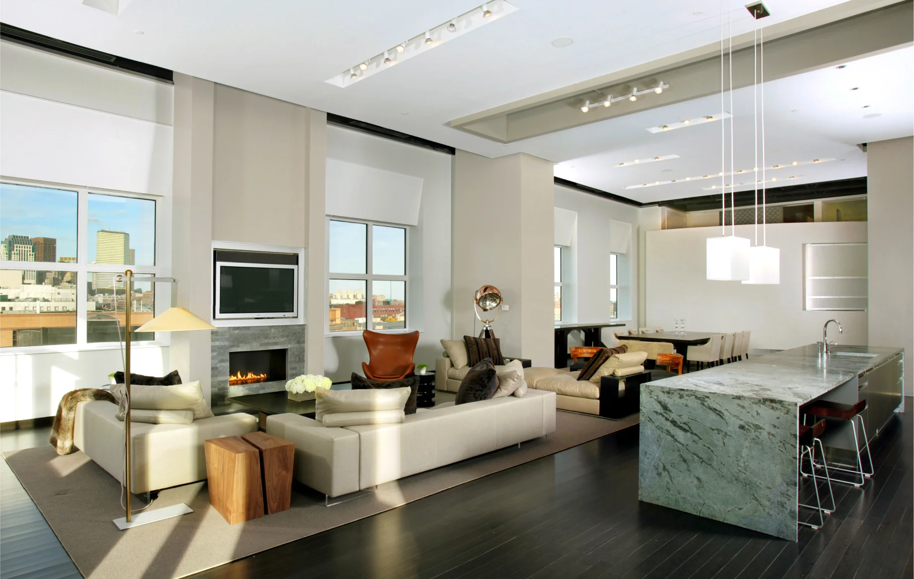 A modern loft in Boston with an open floor plan and contemporary furniture