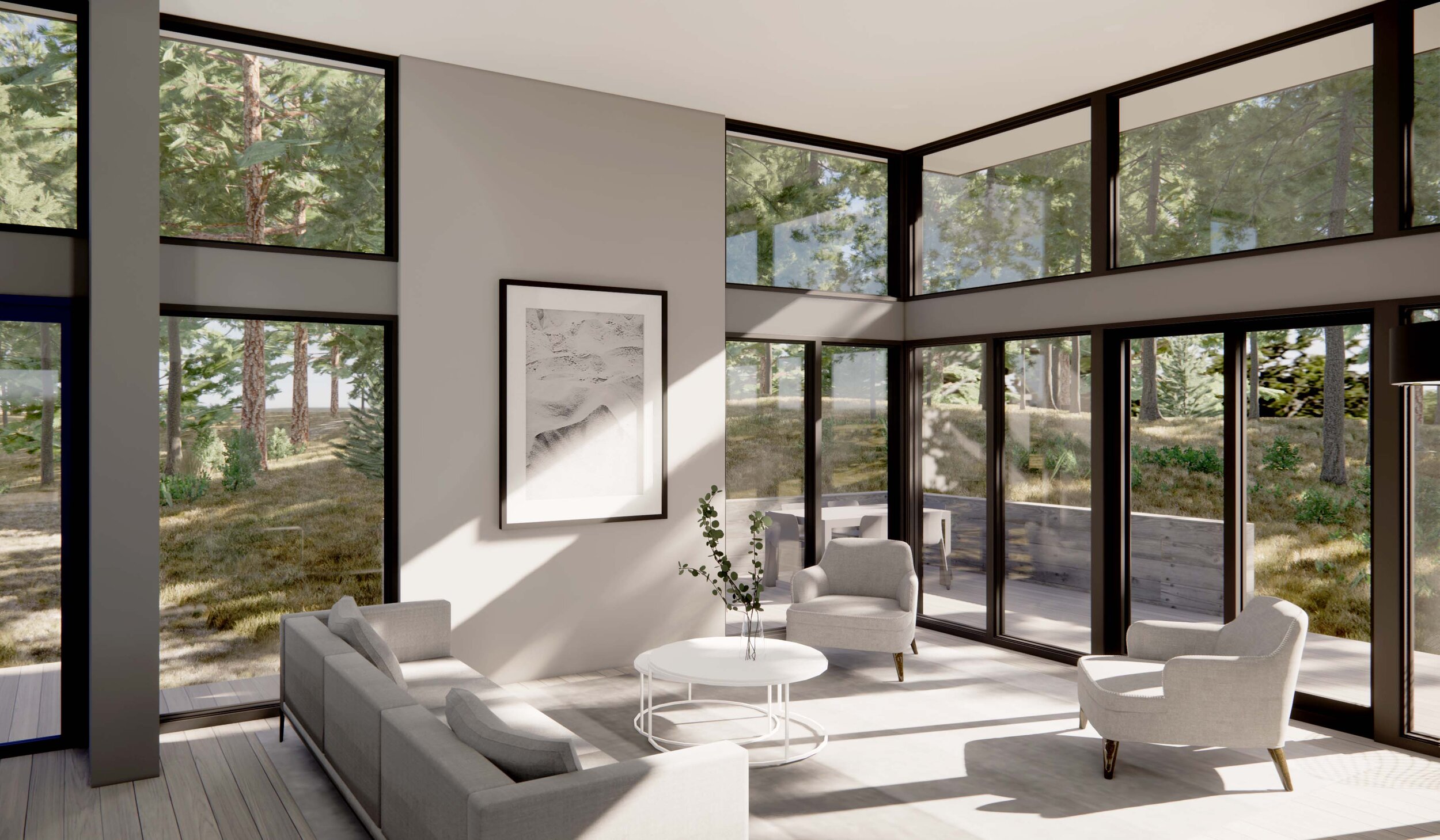 Modern Great Room Interior with Window Walls