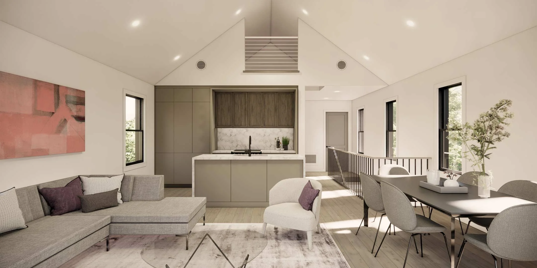 Modern condominium interior featuring a pale gray kitchen with vailed ceilings