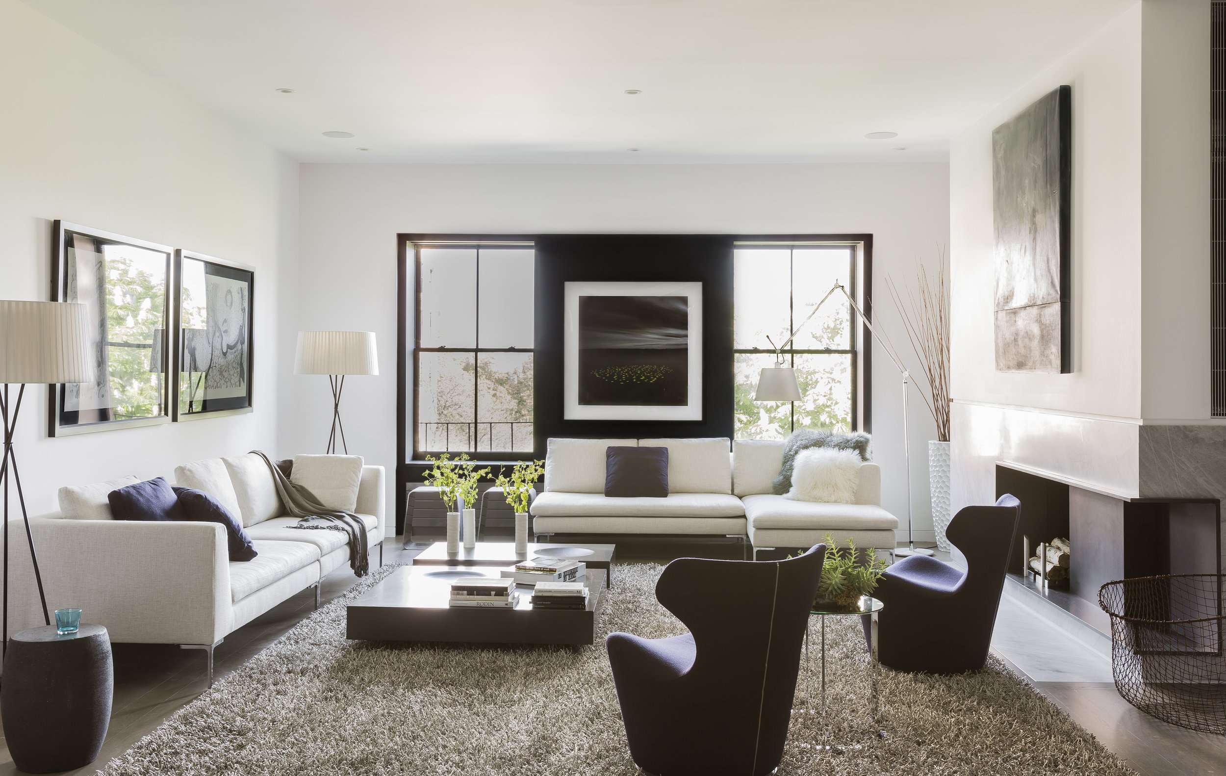 Living room interior design in a modern townhouse renovation in Boston