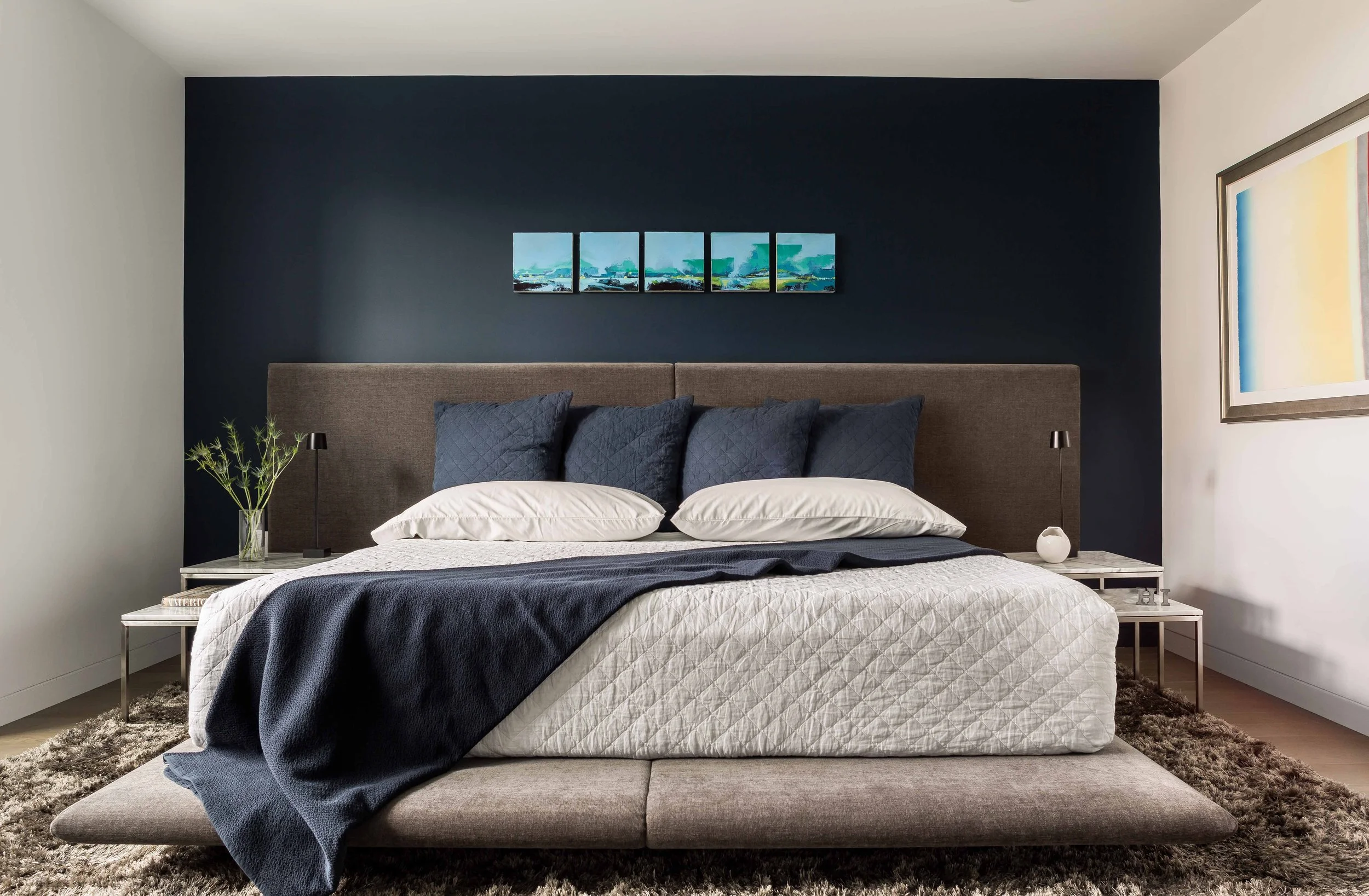 Primary bedroom furniture in a renovated contemporary townhouse in Boston's Back Bay (Copy)